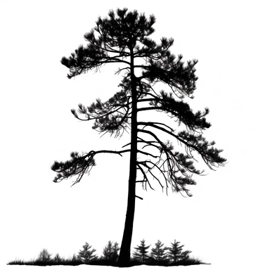 silhouette of tall thin spindley pine tree clip art style black on white background bold clean lines
