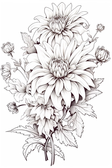 line drawing clipart of tulips and chrysanthemum in black and white