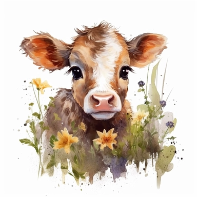 Innocent adorable baby cow with big cute eyes, in grass and wildflowers, boho style, so sweet and cute, so so so cute, freaking adorable, isolated on white background, watercolor clip art, hard edges, smooth, cartoon