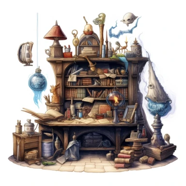 a clipart showcasing a small wizard's study room, with a bookshelf filled with spellbooks, a table displaying a wand, an inkwell with a quill, and enchanted objects like a levitating hourglass and a glowing orb, white background, fantasy, details