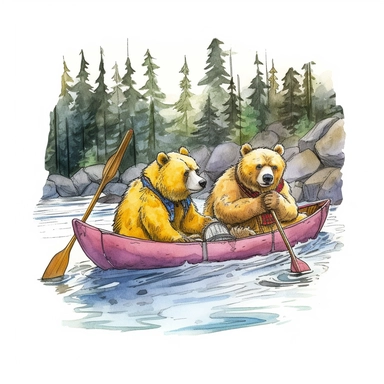 ink and watercolor illustration of bears canoeing, realistic, sharp focus, bright bold colors, beautiful, soft details, clipart, white background