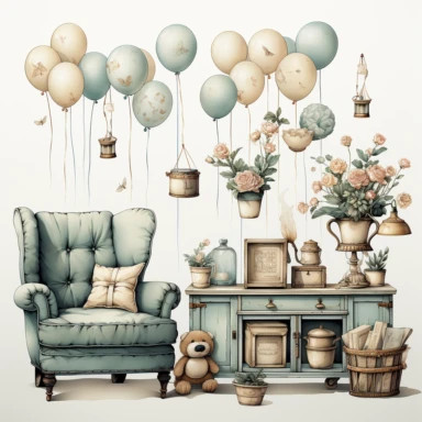 realistic watercolour effect, vintage shabby chic , baby theme, clipart, soft and muted pastel nuances, white background
