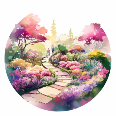 The image depicts a holographic spring flower garden with winding walking paths. watercolor clipart. soft and delicate appearance. The garden is illuminated by natural light, creating a calming and inviting atmosphere. The colors are magnificent and beautiful, with vibrant shades of pink, purple, and blue blending together seamlessly. The composition shows a wide view of the garden, with a variety of holographic flowers in bloom and rabbits hopping around. It's a stunning and ethereal scene that