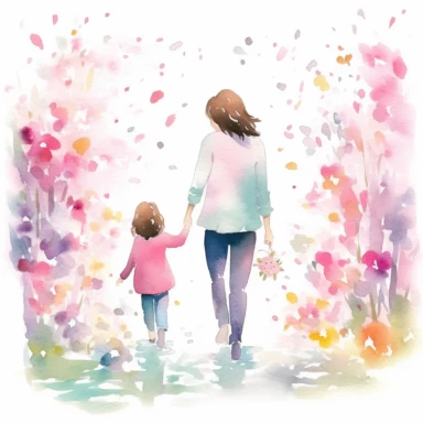 DetailedMother's day clipart featuring a smiling mother and child, holding hands while walking in a garden full of vibrant flowers and blooming trees, capturing the love and warmth between them, Watercolor painting, using soft pastel colors and light brush strokes to create a dreamy effect water color Mother, super cute, solid white background, clipart, motherhood