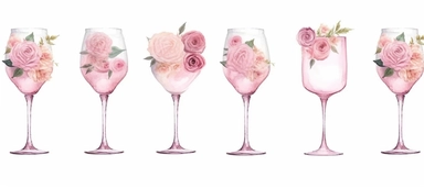 Isolated on a white background, in a feminine style that is populair on Etsy, ten juxtaposed, Wine glasses lined up on the floor decorated with baby pink roses, for wedding, high resolution, highly detailed, watercolor clipart illustration, soft pastel color theme, baby pink, 8k UHD isolated image on white background, hyper - realistic high definition