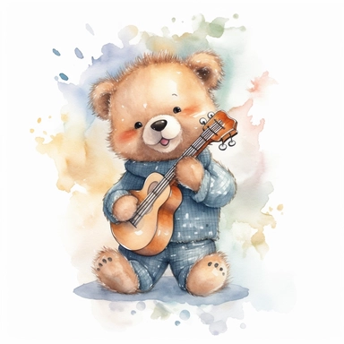 watercolor , character cute singer baby teddy bear, clipart, vector, on white background, 8k