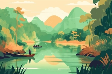 Mountains vector file. Forest landscape clipart. Camping and travel print.People guide their boats through tranquil, water color-like green reeds and algae on the Karatoya River in Bogra, Bangladesh Vector flat illustration