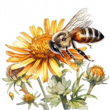 watercolor clipart, A close-up of a honey bee collecting nectar from a wildflower flower, white background