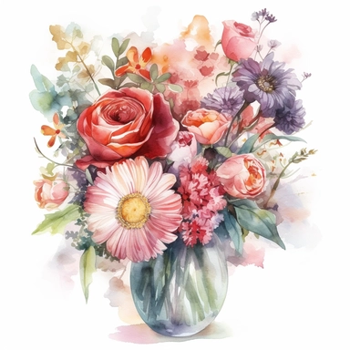 Create a watercolor clipart featuring a bouquet of mixed flowers, including roses, daisies, and peonies, arranged in a tall, slender vase. Each flower should have its unique characteristics and colors, creating a beautiful contrast in the bouquet. The vase can be transparent or opaque, with intricate watercolor details and reflections. The overall composition should exude a sense of beauty and sophistication.