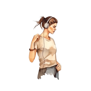 a watercolor sticker of A woman doing a power walk with earphones on and a fitness tracker on her wrist. Watercolor. Clipart. Neutral beige faded color palette. White background. Artistic illustration. Minimal. Hand-drawn.