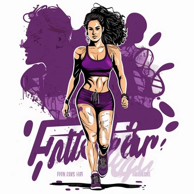 clipart full body of fitness woman in 30's wearing purple workout top and shorts walking toward camera, dynamic pose –-no text fonts letters watermark words typography slogans signature
