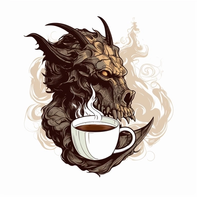vector art of drahon drinking coffee from a skull add flourishes around the dragon clip art with white background