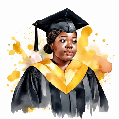watercolor fat black female student graduation clipart on a white background
