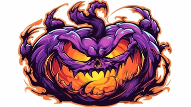isolated flat clipart on a white background of a angry halloween pumpkin, in the style of daniel f. gerhartz, in the style of martin ansin, bruce timm, ralph bakshi, transcendent, nikon d850, art of burma, captures the essence of nature, in the style of organic forms and patterns, purple black orange and dark navy, subtle ink landscapes, expansive skies, hyper-detailed illustrations, i can't believe how beautiful this is, lively colors