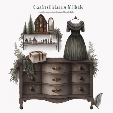 dark academia, christmas dresser, fairytale, folk art, watercolor, white background, clipart