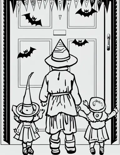 black and white coloring book page of Halloween toddler kids trick-or-treating back of head view as they stand at a door, vector image, figured outline, coloring book style, no grey, no gray, cartoon, white background, b&w, clipart style, detailed