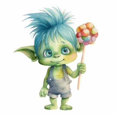 a watercolor, cute troll, hair standing up, green hair, little nose, precious moments, adorable, holding lollipop, summer, clip art, contrasting colors, white background.