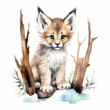 woodland animal cute baby lynx hunting mouse watercolor clipart on white background detailed