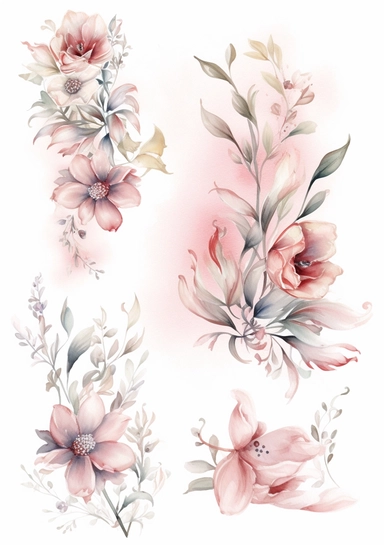 multiple floral floral ornaments clipart are shown on a white background, in the style of delicate washes, soft femininity, southern countryside, high resolution, flowing fabrics, lovely, delicate touch