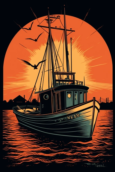 shrimp boat on the new orleans bayou, designed for a graphic tee shirt, clipart with plain black background, retro sunset, flat graphics, classic 1950s advertising or retro comic book graphics, strong black outlines and bold colors