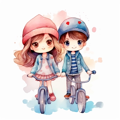 Watercolor clipart cute kawaii boy girl wearing clothes riding a tandem bile 8k
