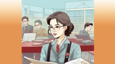 Graphic novel style, Dave Gibbons style,2D china illustartion-style,with simple color and black line, Chinese female teacher in suit, Hand with a medical record clip,Happy,handsome and beautiful, examine work, working,Triangular composition, 16k,medium view