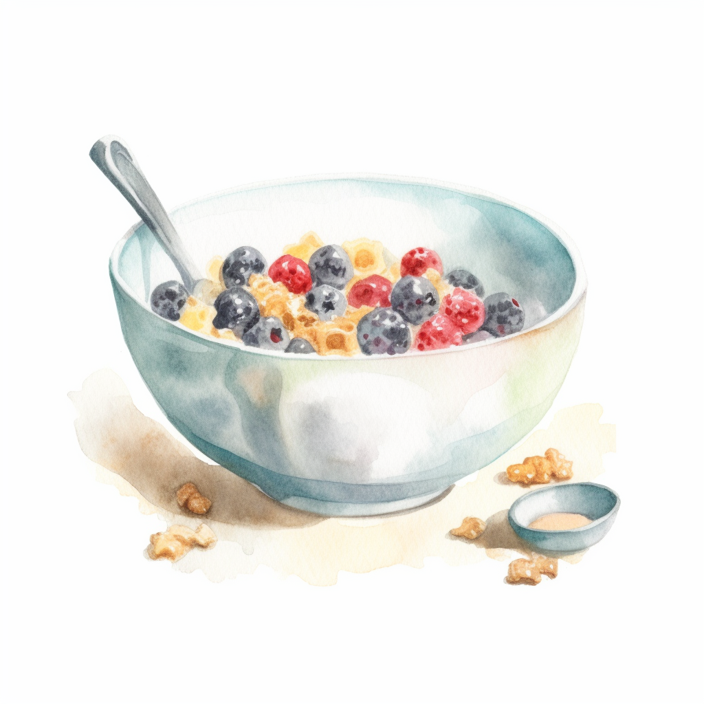 watercolor for a clipart with a white background of a bowl of cereal ...