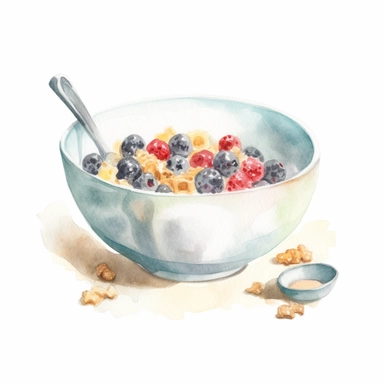 watercolor for a clipart with a white background of a bowl of cereal with milk, realism, painted by samuel melton fisher