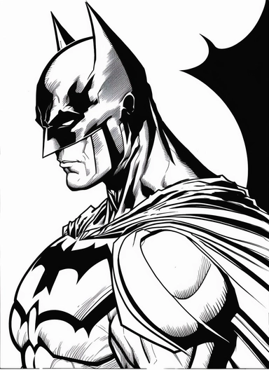 line art, black and white, batman, sketch, coloring page for kids, coloring page for children, thick lines, realistic, drawing, printable outlined art, crisp lines, No background, clip art, hand drawn, No shadows, drawing, No gray, no shades, high contrast. The line art should be clean and crisp, with uniform thickness and minimal shading, to provide a user - friendly coloring experience.