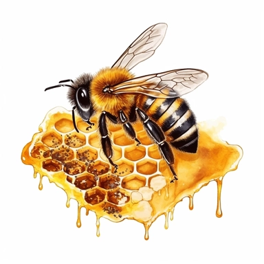 Fluffy Bumblebee on a honeycomb beehive, dripping honey, highly detailed, acrylic paint, 16k, realistic, isolated on a white background, clipart