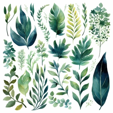 Watercolor foliage clipart, emphasis on dark green shades, intricate leaf patterns, artistic and nature-inspired designs, individual design