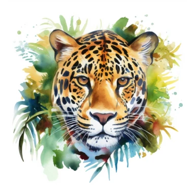 watercolor clipart, white background, a stunning jaguar, showcasing its wild beauty amidst the rainforest