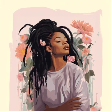 llustration of black woman, with locs, surrounded by flowers, boho modern aesthetic, cottagecore, avacadopunk, florals, soft pastel tones, wearing nikes, flawless and clean line work, flat, low detail, clipart, white background