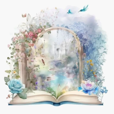 fantasy scene coming out of an open book, secret garden, florals, magical, watercolors, Clipart, pastel blue color theme
