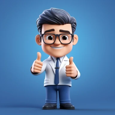 3d render, cartoon character smart doctor wears glasses and shows thumb up. Medical clip art isolated on blue background. Best choice concept. Health care recommendation metaphor