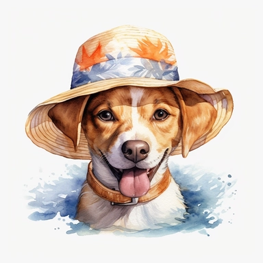 summer, dog beach, clipart, watercolor, no background, white background, dog, oil art