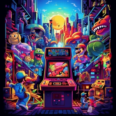 Retro Gaming Adventure: Color Style: Vibrant and neon colors reminiscent of the 80s and 90s. Environment: Pixelated arcade landscape with classic gaming consoles and arcade cabinets. Mood: Nostalgic and playful. Character: Iconic video game characters like Mario, Sonic, Pac-Man, and Donkey Kong./ realism, vector, clipart