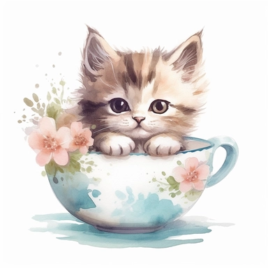 watercolor cute cat sitting inside a teacup, pastel colors, high quality, clipart, white background