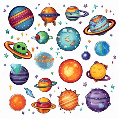 clip art designs of outer space, planets, aliens, stars, moons, suns, white background