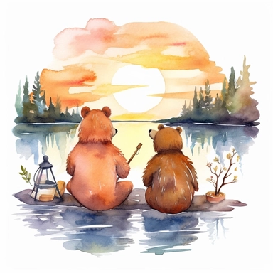 watercolor big bear and little bear clipart, sitting together, fishing on lake, with beautiful background of a sunset, bright colors, on a white background