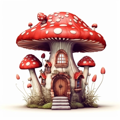 clipart, shades of red and brown fairy mushroom house isolated on a white background, intricate details, vector, pastel colors, realistic, 3D, no shadows