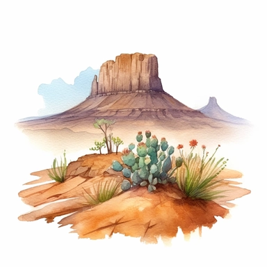 Hyperrealistic watercolor mesa and butte clipart in desert with some small shrubs in sight