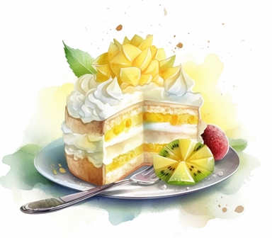 Watercolor clipart of Durian Mousse Cake, Layer Durian mousse between sponge cake layers and top with fresh whipped cream and Durian pieces for a light and airy dessert that's perfect for hot summer day, intricate details, vector, hyperrealistic, no splashes, no text, no watermark on white background