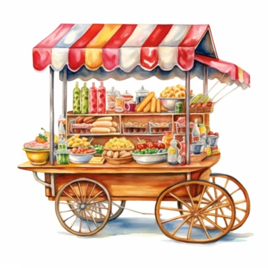 An enchanting watercolor, hyper - realistic clipart image with a white background and white margins, featuring a hot dog cart with a cheerful vendor serving up delicious hot dogs. The ultra - detailed, hand - drawn elements capture the intricate details of the cart and the vendor's attire. Use whimsical touches to add a sense of bustling street life, and bold shades of various colors to create a visually appealing and lively image.