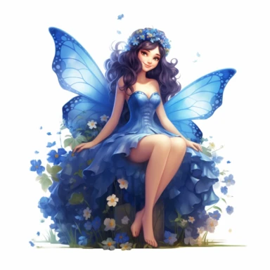 a beautiful smiling fairy girl sitting in flowers, royal blue dress, big fairy wings, lovely butterflies all around her, pixar style, full body image, clipart, white background