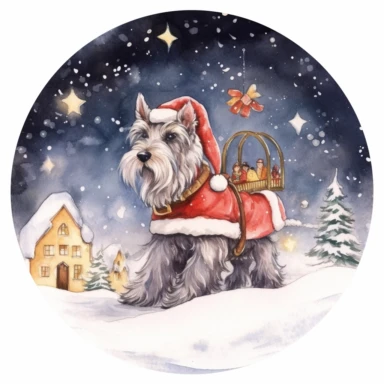 A festive holiday-themed painting featuring a Miniature Schnauzer dressed as Santa Claus, pulling a tiny sleigh filled with gifts through a snowy landscape, with twinkling stars and a full moon in the night sky, capturing the joy and magic of the holiday season, white background and watercolor clipart.