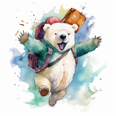 a joyful watercolor clipart image with a white background, featuring an energetic bear traveler with a suitcase, jumping in excitement as it embarks on a thrilling travel experience.