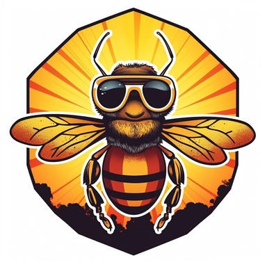 very detailed cutout design of a cartoonized bee wearing sunglasses, with retro summer sunset, full color, laid flat on white background, vector illustration, flat comic style by Jim Steranko, Sublimation Clipart ,Cartoon,hyper realistic, intricate detail, illustration style,high solution,on the white background