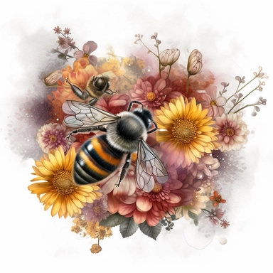 An exquisite honey bee clipart surrounded by a vibrant bouquet of flowers, with no background to distract from the natural beauty. The bee delicately perched on a blooming flower, its fuzzy body contrasting against the petals, while its translucent wings add a touch of ethereal grace. This clipart provides a perfect blend of nature's wonders