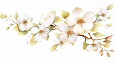 Watercolor clipart of delicate golden dogwood flowers, branches and leaves, on white background